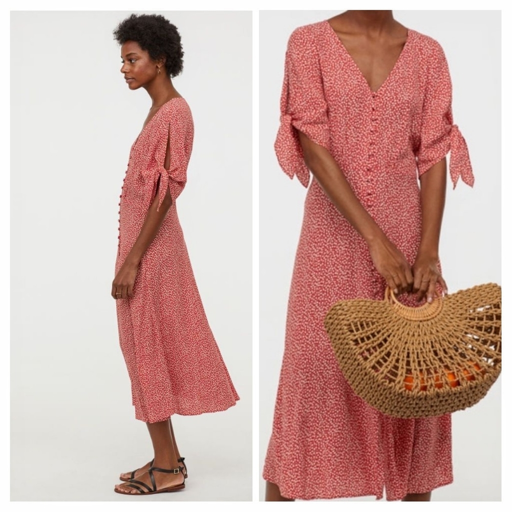 H&M red floral crêped midi dress